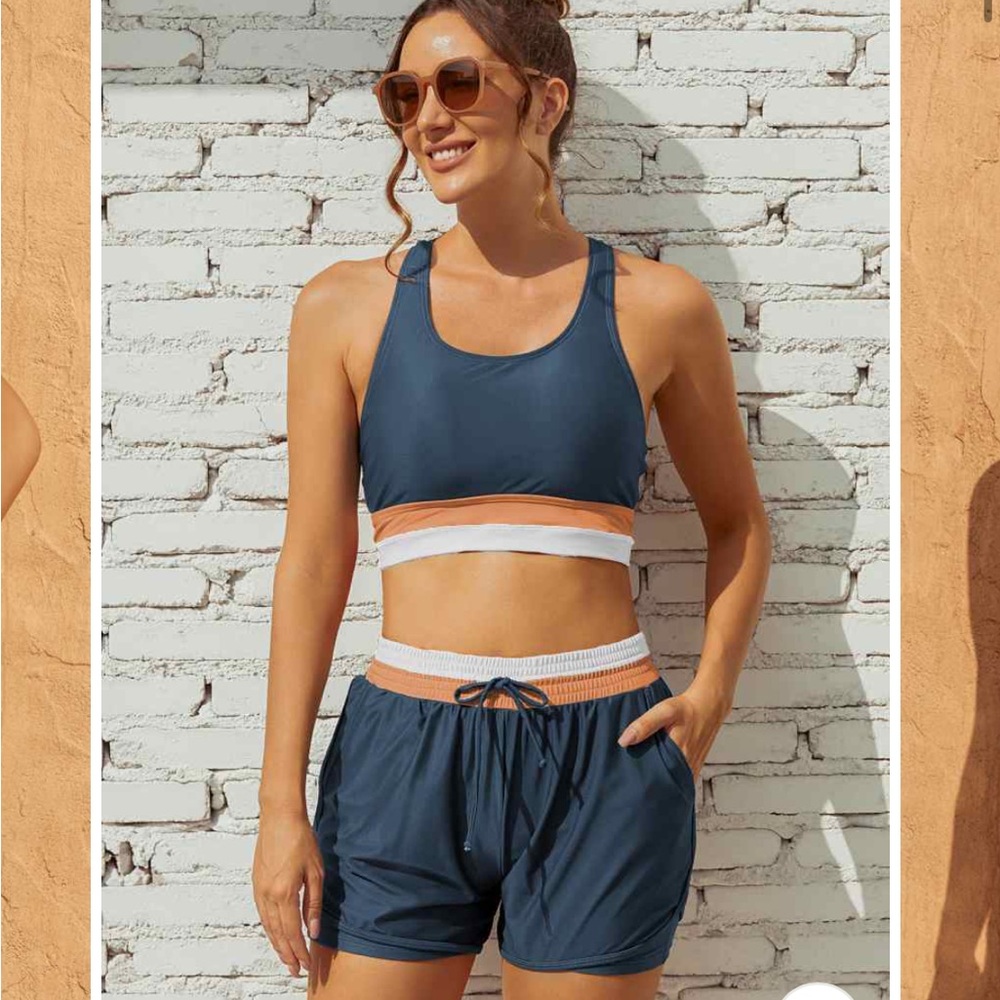 Seafancy Deep Blue Colorblock Sporty Bikini Top And High-Waist Shorts
